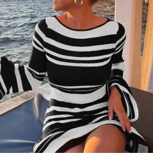 Striped Black and White Bell-Sleeve Knit Dress